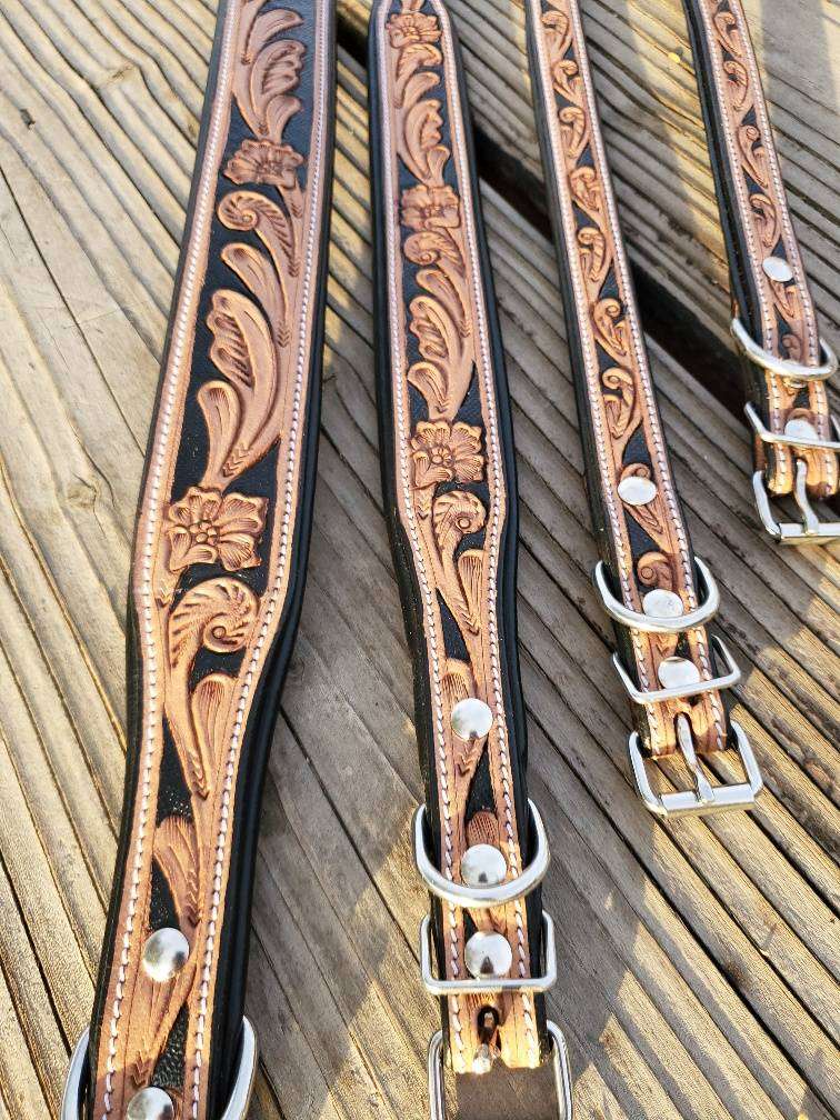 Leather Leash- Turquoise Center- Hand Painted & Tooled