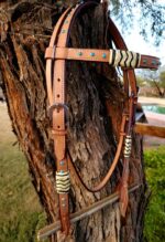 A brown leather horse bridle adorned with turquoise studs and intricately wrapped with black and white decorative bands is hanging on a rough tree trunk. The background includes grassy and rocky terrain with blurry, distant objects.