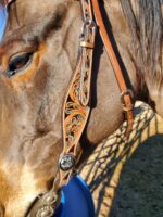 Close-up of a brown horse wearing an ornate leather bridle with intricate floral patterns and turquoise accents. The horse is drinking from a blue container, with sunlight casting shadows on its face. The Turquoise Breeze- Hand Tooled/Painted- Sliding One Ear Headstall adds an elegant touch to the overall look.