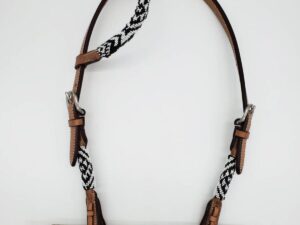 Black White Beaded Headstall Browband Leather Noseband Tiedown short cheek3