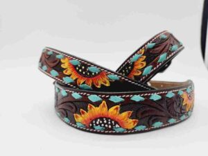 Turquoise Sunflower Buckstitch Leather Dog Collars. Quality Leather Dog Collar. Small medium large Alberta USA 11