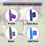 Four grooming kits in different colors are shown over an image of a horse. Each kit, labeled "Purple," "Dark Blue," "Black," and "Light Blue," offers a sleek option for your grooming needs. The top of the image reads, "Available in multiple color options." Pair with our Horse Mane Bags for the complete look.