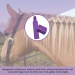 A horse with a braided mane stands in profile against a fence; above is an inset image showing purple Horse Mane Bags and an instructional guide. The caption below explains these Horse Mane Bags shield against environmental damage like wind, sun, mud, gates, and tangles.