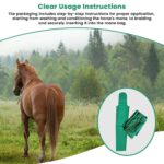 A chestnut horse stands in a grassy field near a forest. Inset: Horse Mane Bags, complete with step-by-step instructions for application, including washing, conditioning, and braiding the mane using Horse Mane Bags.