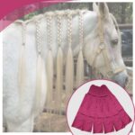 A white horse with an intricately braided mane, protected by sleek Horse Mane Bags, stands facing right. The braids are long and evenly spaced. Inset at the bottom-right is an image of five reddish-pink grooming brushes fanned out on a light background.