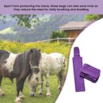 A black and white pony and a white pony with brown spots stand in a grassy field. In the foreground, there are purple Horse Mane Bags. A caption above reads: "Apart from protecting the mane, these bags can also save time as they reduce the need for daily brushing and braiding.