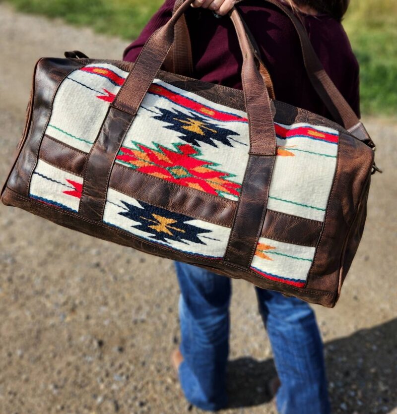 The Alpine Leather Duffel bag with saddle blanket wool western pattern (8)