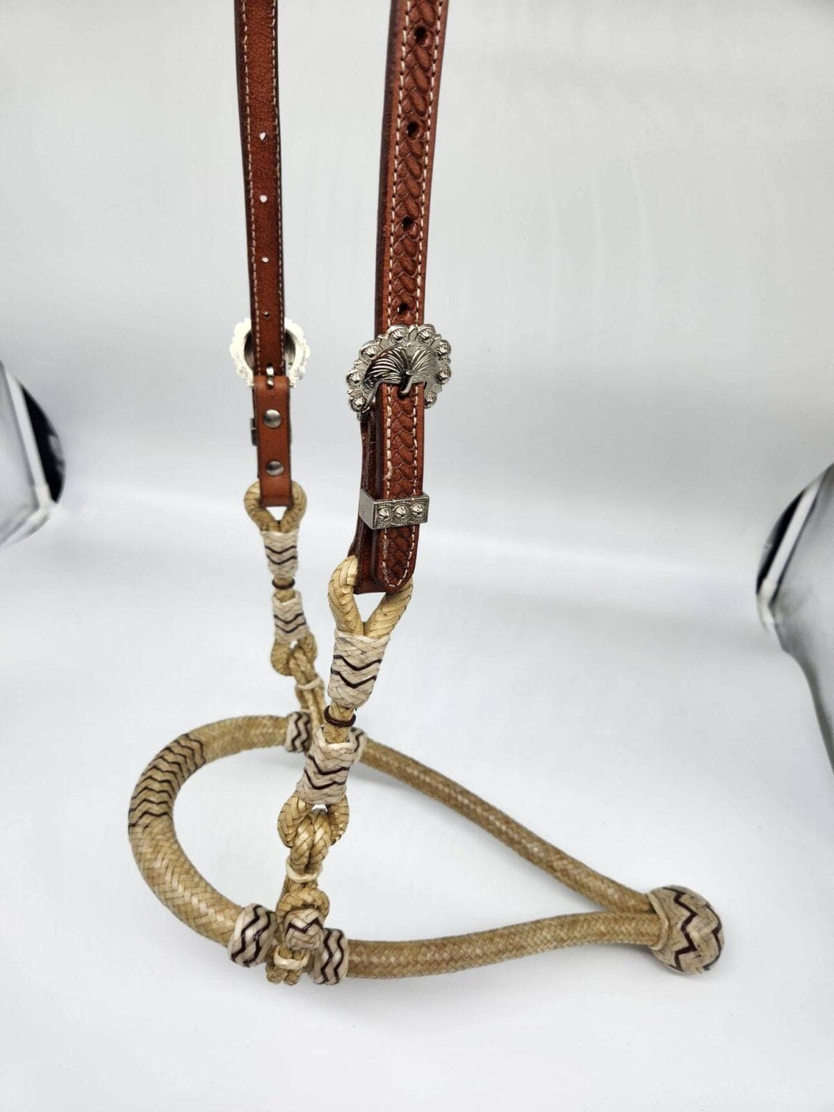 Leather Show Stopper Headstall + Rawhide Braided Bosal + Mecate Reins