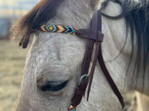 A close-up of a horse's head wearing a Fire & Ice - Beaded - Futurity Knot Browband Headstall adorned with colorful decorations. The horse has a light coat and dark mane. The background is an outdoor setting with a soft-focus view of dry grass and a cloudy sky.