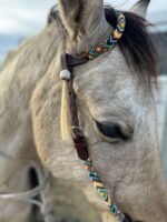 Close-up of a horse's head wearing a Fire & Ice - Beaded - Futurity Knot Browband Headstall. The headstall features intricate geometric patterns in orange, blue, white, and yellow. The horse's fur is light brown and it has a calm expression. The background is blurred, focusing on the horse's profile.