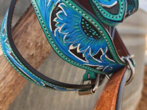 Blue Sunflower Dog Collar Leather Tooled small medium large collars for dogs 1