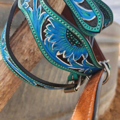 Blue Sunflower Dog Collar Leather Tooled small medium large collars for dogs 1