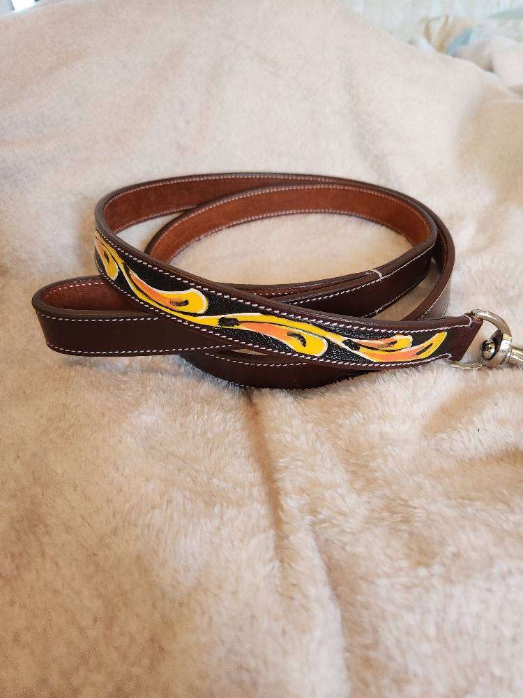 Leather Leash- Turquoise Center- Hand Painted & Tooled