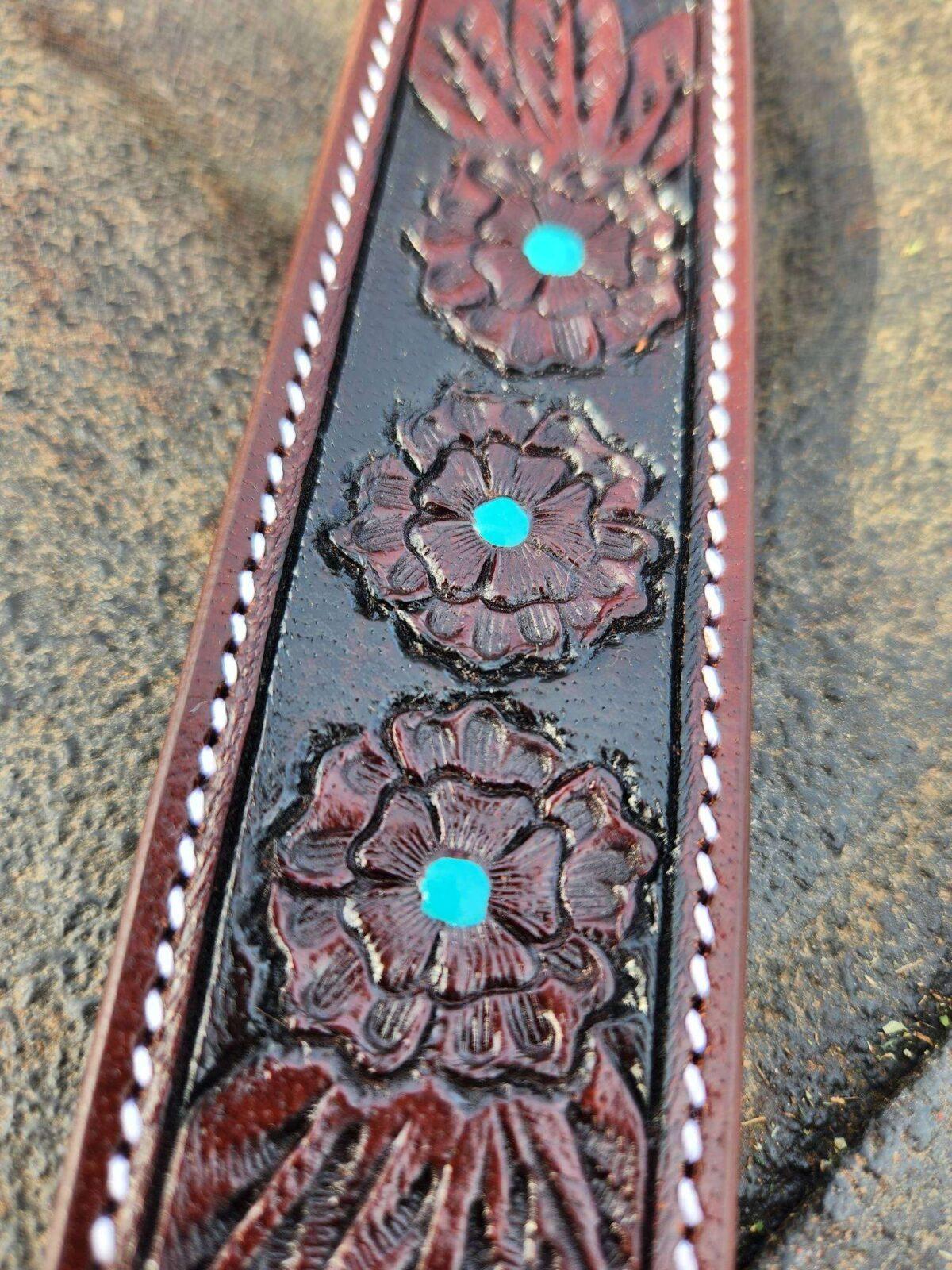 Leather Leash- Turquoise Center- Hand Painted & Tooled