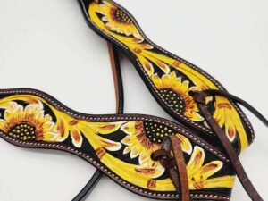 Painted Hand Carved Sunflower Broband One Ear Western Headstall Bridle So Pretty 14