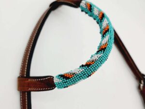 Leather Headstall Bead One Ear Western Dog Collar Turquoise Buckstitch (18)