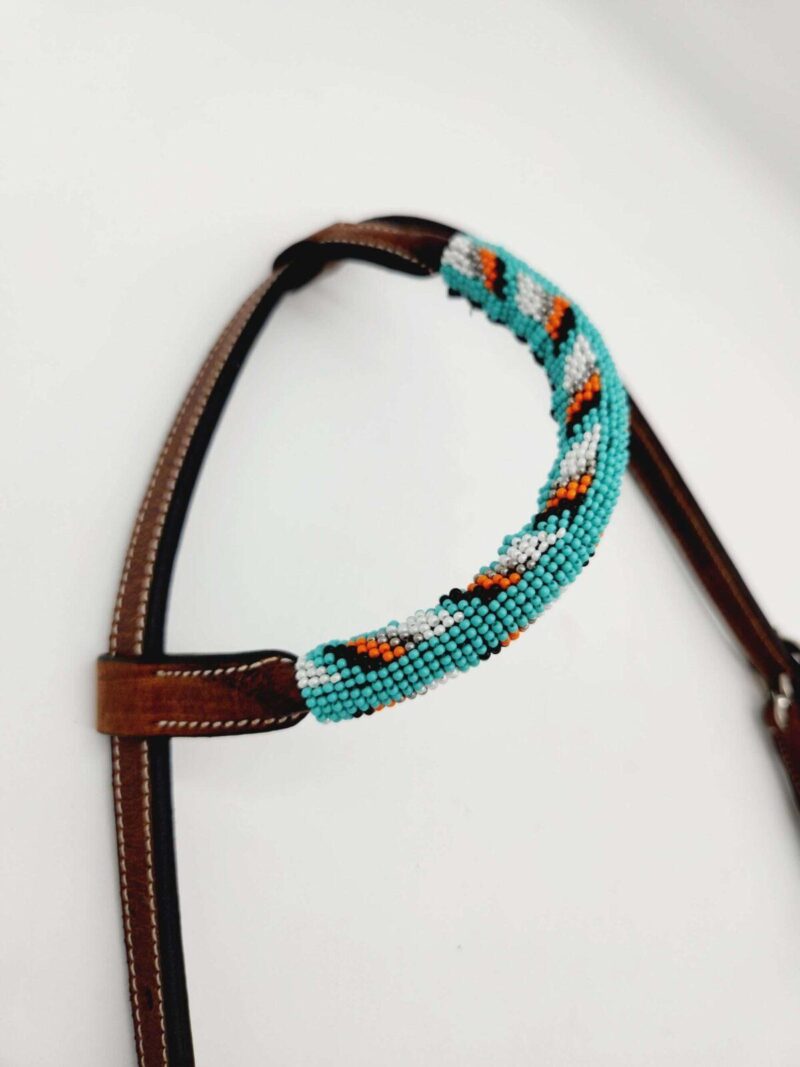 Leather Headstall Bead One Ear Western Dog Collar Turquoise Buckstitch (18)