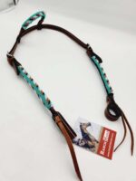 Leather Headstall Bead One Ear Western Dog Collar Turquoise Buckstitch (25)