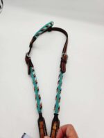 Leather Headstall Bead One Ear Western Dog Collar Turquoise Buckstitch (26)