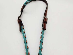 Leather Headstall Bead One Ear Western Dog Collar Turquoise Buckstitch (26)