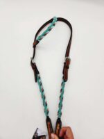 Leather Headstall Bead One Ear Western Dog Collar Turquoise Buckstitch (28)