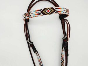 Leather Headstall Bead One Ear Western Dog Collar Turquoise Buckstitch (41)