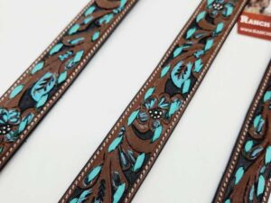 Leather Headstall Bead One Ear Western Dog Collar Turquoise Buckstitch (46)