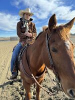 A person wearing a cowboy hat, brown jacket, and jeans is sitting on a brown horse adorned with a Turquoise Buckstitch- Belt Style Split Ear Headstall in an outdoor arena. The background shows a partly cloudy sky and a fenced area.