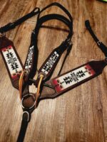 Apache Red Headstall Western Bridle Leather Breast Collar Split Reins Beading (4)