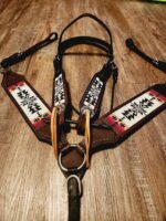 Apache Red Headstall Western Bridle Leather Breast Collar Split Reins Beading (6)