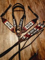 Apache Red Headstall Western Bridle Leather Breast Collar Split Reins Beading (7)