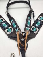 Turquoise western bridle headstall leather browband breast collar teal beaded beading western tack horse (35)