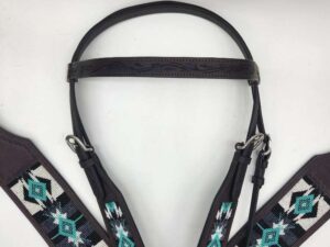 Turquoise western bridle headstall leather browband breast collar teal beaded beading western tack horse (37)