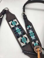 Turquoise western bridle headstall leather browband breast collar teal beaded beading western tack horse (40)