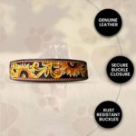 A brown leather dog collar with intricate yellow and orange floral designs, including a yellow painted sunflower, is depicted. To the right, three black circles display text: "GENUINE LEATHER," "SECURE BUCKLE CLOSURE," and "RUST RESISTANT BUCKLES." A blurred background of a running dog adds to the visual appeal.