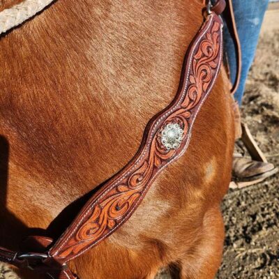 Close-up of a brown horse wearing an ornate leather chest strap with intricate swirl patterns and a decorative silver concho. A person in blue jeans and brown boots is partially visible in the background, standing beside the horse on a dirt surface.