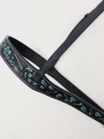 Black leather belt with intricate blue and light blue embroidered designs. The belt features neatly stitched borders and appears to have a buckle for fastening. It is displayed on a white background.