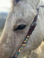 Close-up of a light-colored horse's face focusing on its eye and part of its muzzle. The horse is wearing a colorful, patterned bridle with geometric designs in shades of orange, yellow, blue, and white. The background is blurred.