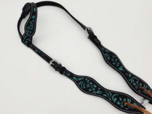 A black and turquoise embroidered dog collar and leash set with a floral pattern. The collar is adjustable with a silver buckle, and the leash features a soft, comfortable handle, also adorned with the same intricate embroidery. Both lay flat against a white background.