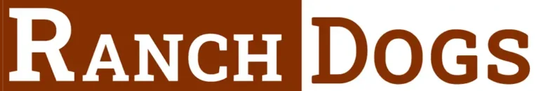 A logo featuring the words "RANCH DOGS." The text is split into two sections, with "RANCH" in white on a brown background, and "DOGS" in brown on a white background. The "D" is enlarged and spans both the brown and white sections.