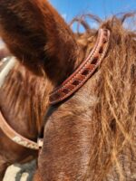 Close-up of a brown horse's head, featuring its textured leather bridle with decorative stitching in a Denver Brown Buckstitch- One Ear Leather Headstall design. The horse's ears are prominently visible, pointing forward against the backdrop of a clear blue sky. The name "RANCH" is partially visible on the bridle.