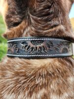 Close-up of a brown dog's neck, showing a black leather collar with an embossed sunflower design. The background is blurred with hints of greenery.