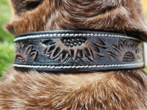 Close-up of a brown dog's neck, showing a black leather collar with an embossed sunflower design. The background is blurred with hints of greenery.