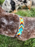 Close-up of a dog wearing a colorful beaded collar. The dog has brown fur with white specks. Another dog with a spotted coat is in the background, both standing on grass. The collar features geometric patterns in orange, blue, and yellow.