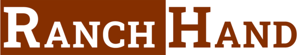 The image displays the word "RanchHand" in bold, white, capital letters on a brown rectangular background. The text is horizontally centered within the rectangle.