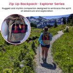 Person walking on a path through a mountainous landscape with tall grass and trees, wearing a hat and carrying a rugged Leather Saddle Blanket Backpack. Inset shows a close-up of the backpack with a plaid pattern and leather straps. Text reads "The Rocky Mountain Zip Up Backpack - Explorer Series.