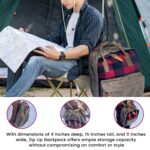 A person in outdoor gear sits in a camping chair by a tent, studying a map. Next to them is The Rocky Mountain Zip Up Backpack- Explorer Series. Three insets show different angles of the backpack. The text highlights the backpack's dimensions and storage capabilities.