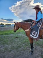 A person wearing a wide-brimmed hat, blue shirt, and red scarf sits atop a brown horse in front of a racetrack and metal bleachers under a partly cloudy sky. The rider's chaps display the number "C5," and the horse bears an ornate Stockmans- Roughout Split Ear Headstall- Turquoise Buckstitch. Grass and dirt ground surrounds them.