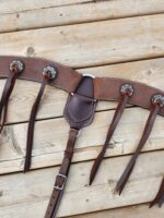 A brown leather horse bridle with decorative conchos and straps laid out on a wooden surface. The bridle features silver hardware and multiple leather ties. The wooden background provides a rustic appearance.