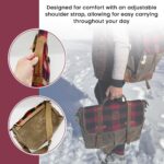 A person is walking in the snow, carrying a stylish bag with a red and black checkered pattern and brown leather straps. The bag features an adjustable shoulder strap for comfort. Insets highlight the bag's strap and durable material. Text reads: "Designed for comfort with an adjustable shoulder strap, allowing for easy carrying throughout your day.